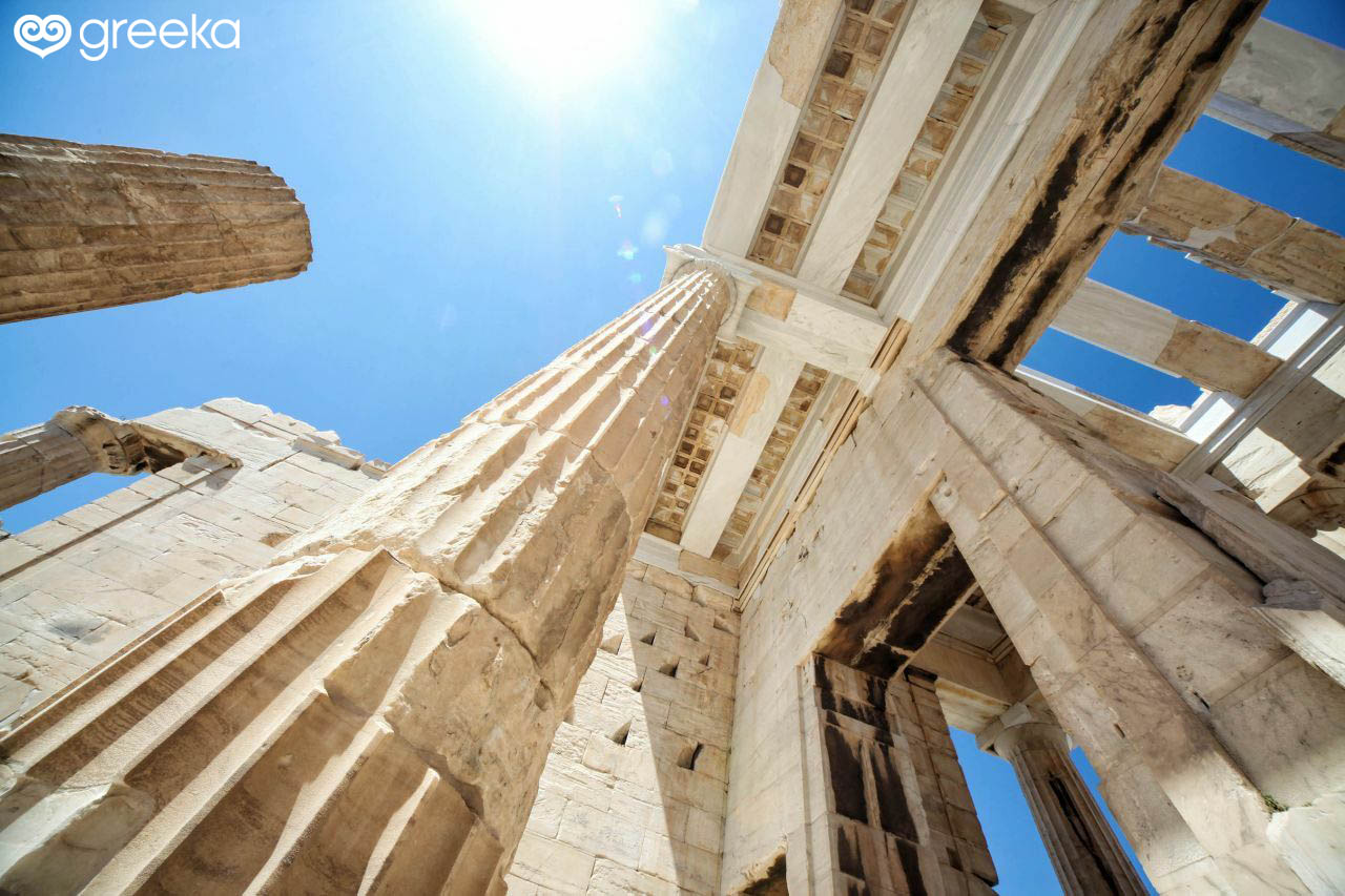 View of a Doric column of the Parthenon from below 